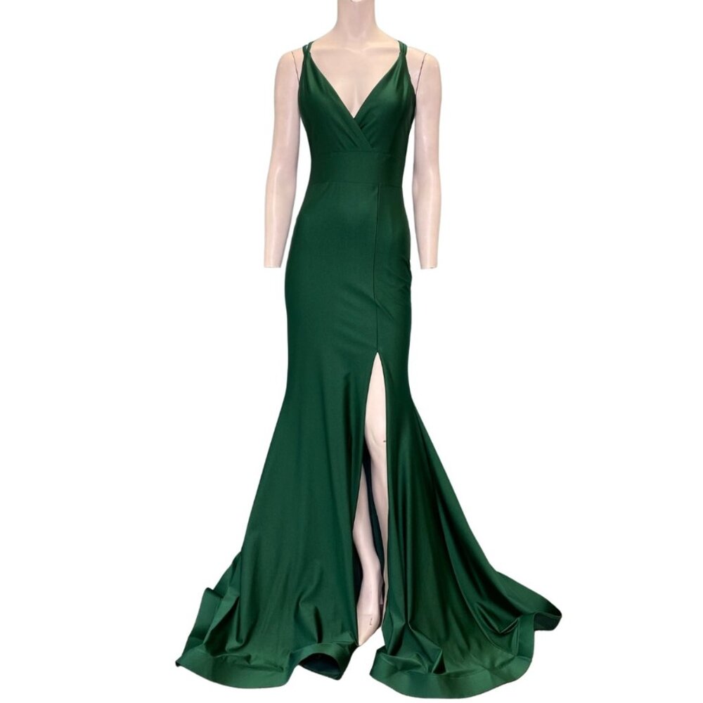 Jessica Angel 314 V-neck High Leg Slit Strappy Back Gown Hunter Size Small NWT
